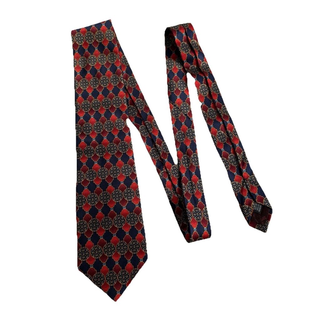 BULLOCK & JONES Navy Blue & Red Geometric Men's Neck Tie 100% Silk 3.75 x 58"